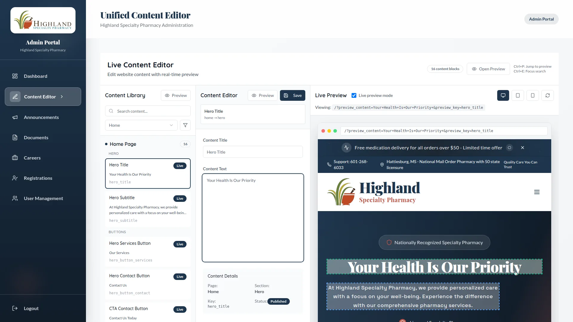 Live Content Editor: pick a block on the left, watch the real page update on the right.