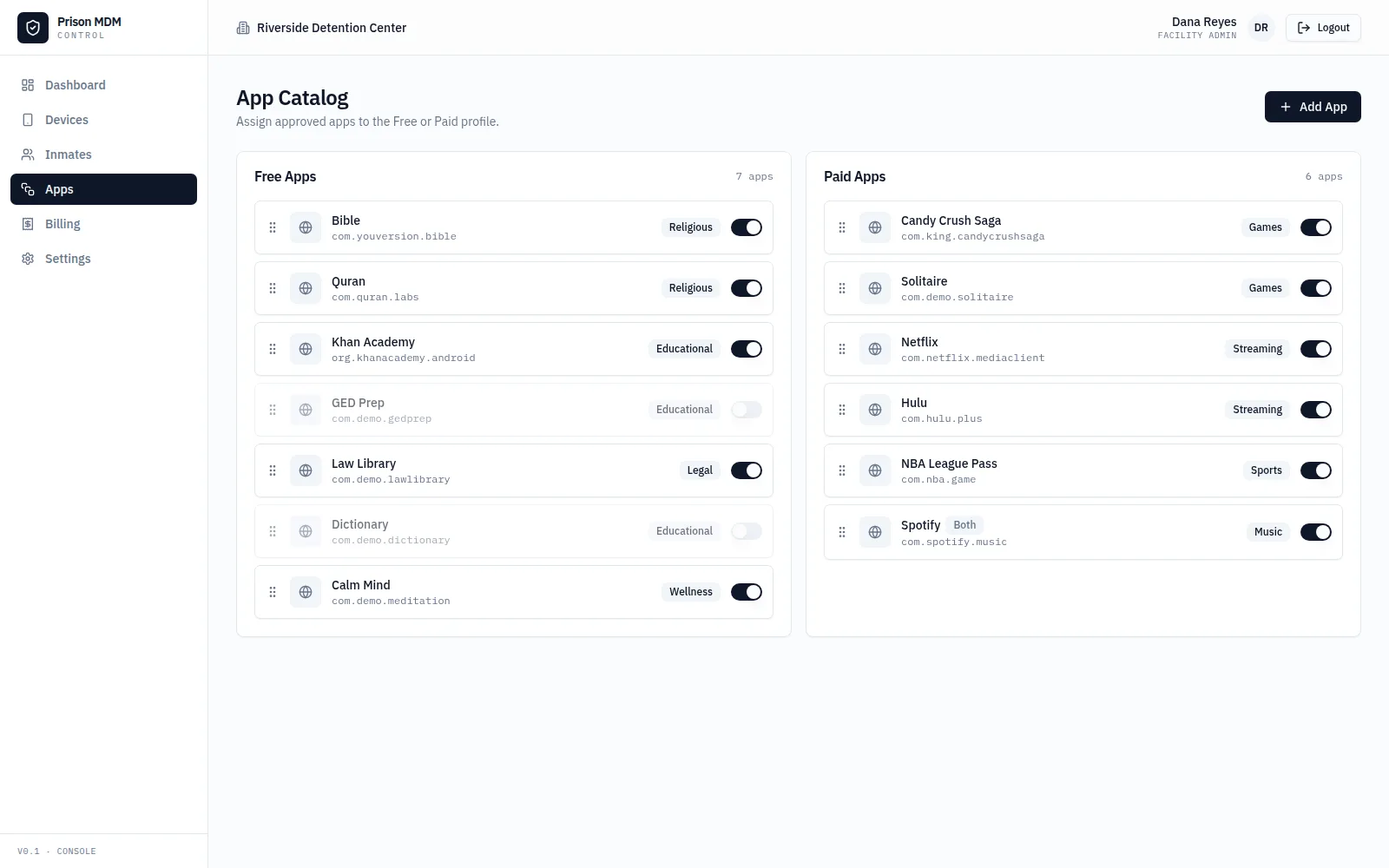 App catalog split into free and paid.